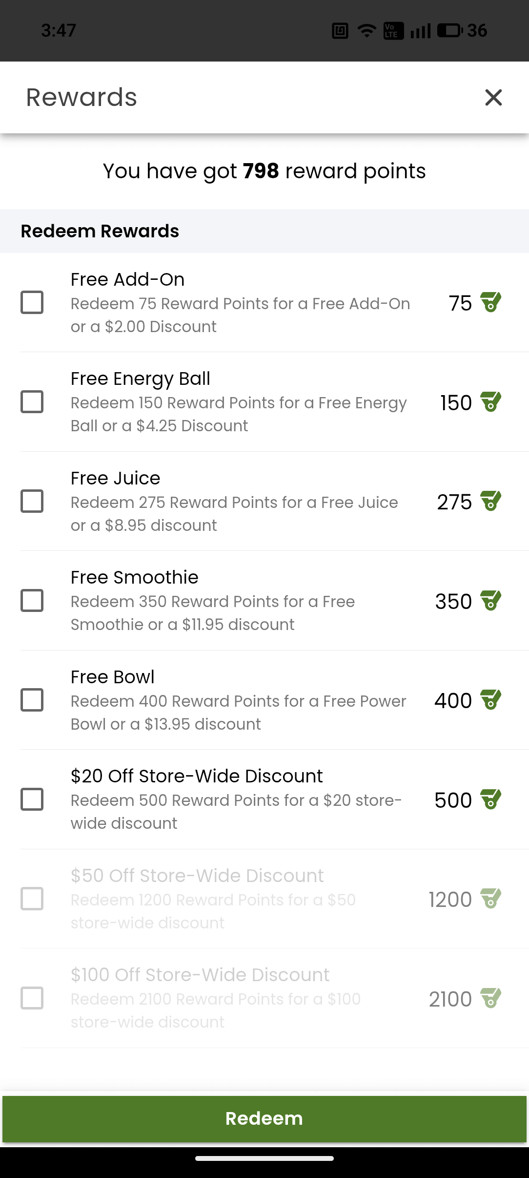 Screenshot of the app's reward redemption screen