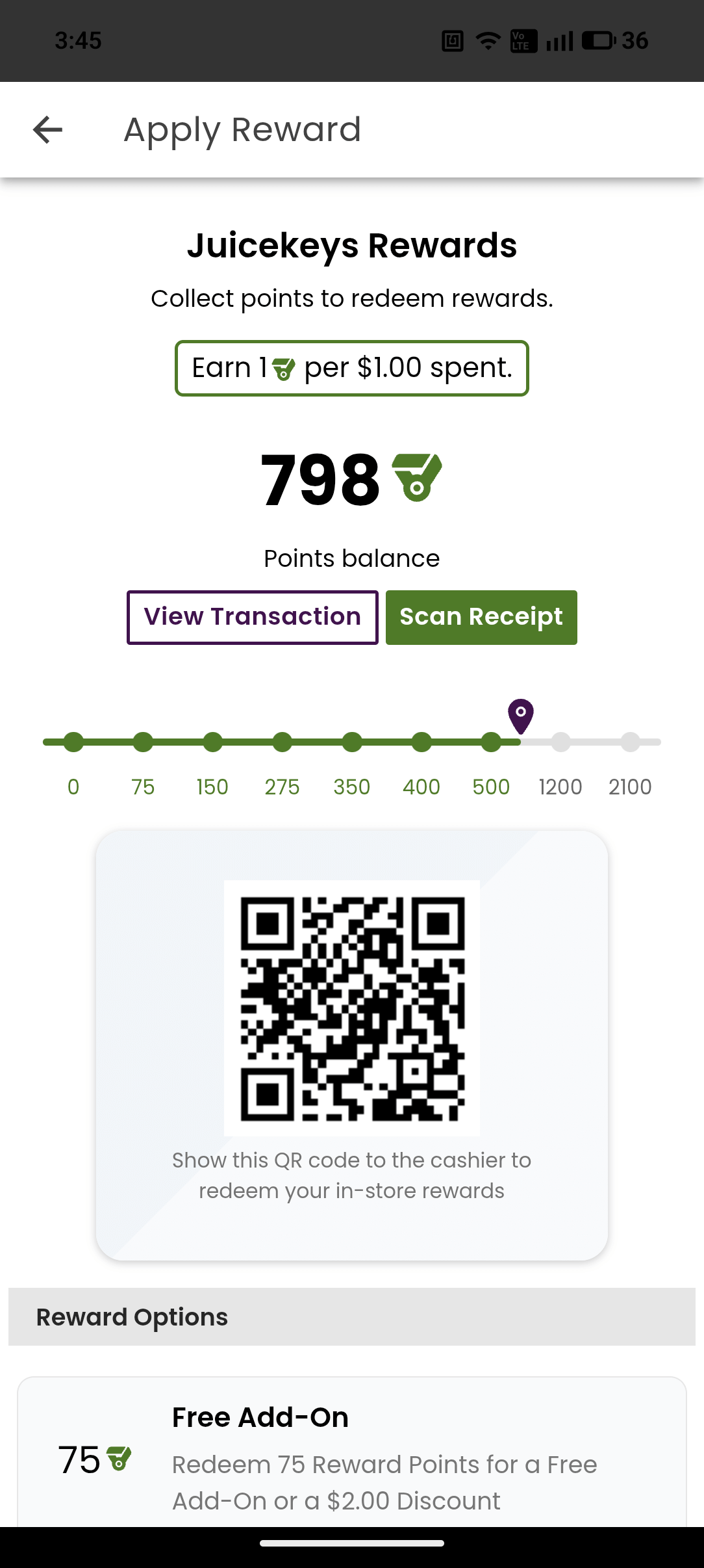 Screenshot of the app's loyalty points screen